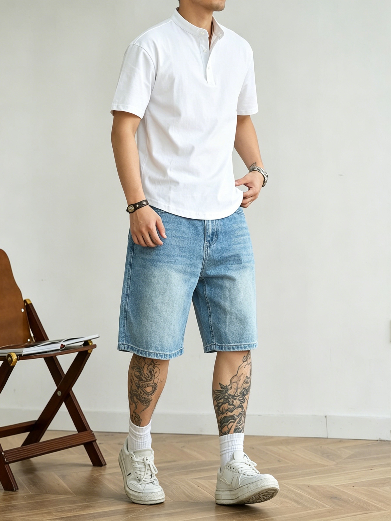 Korean Daily Lifestyle - Luźne, niebieskie, nieelastyczne dżinsowe szorty męskie